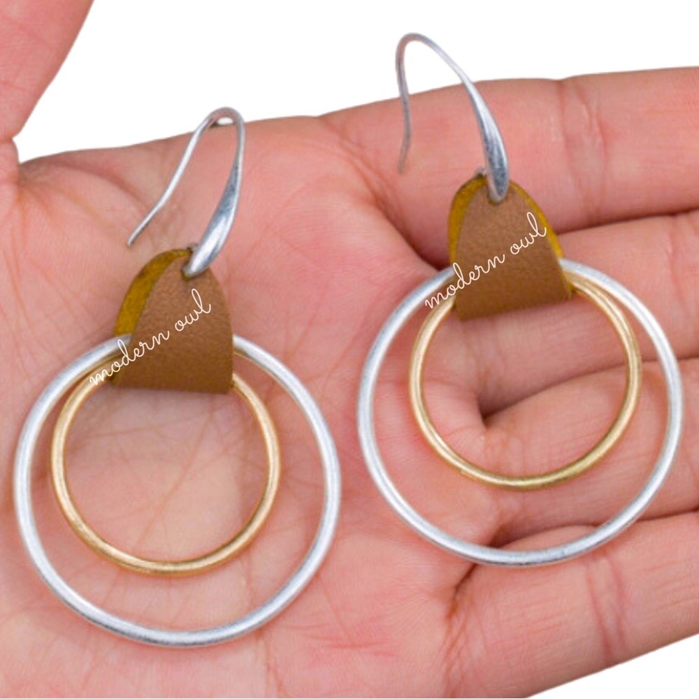 Gold & Silver Handmade Intertwined Circle Earrings with Faux Leather Accents